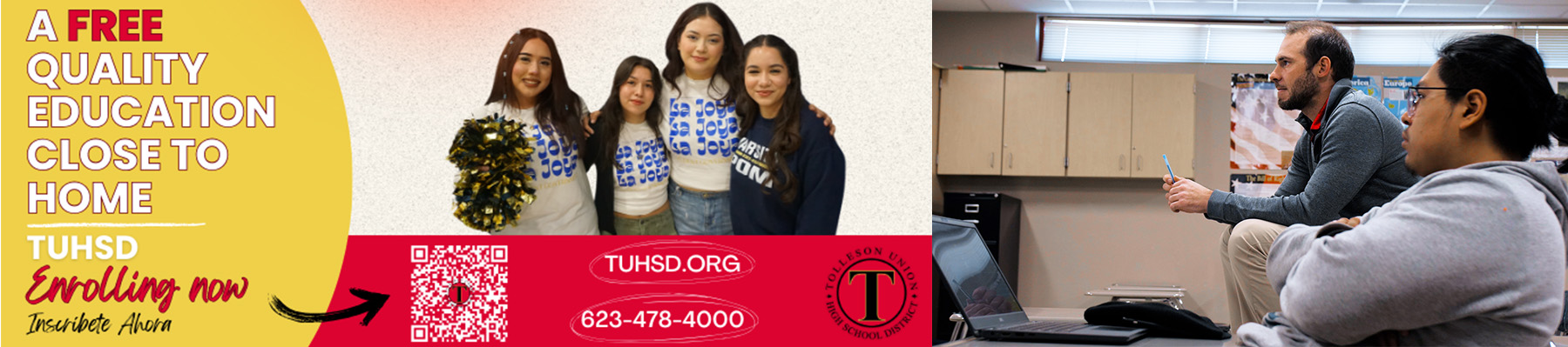 A free quality education close to home - TUHSD Enrolling now | Inscribete Ahora - tuhsd.org - 623-478-4000 | Two students sitting in classroom