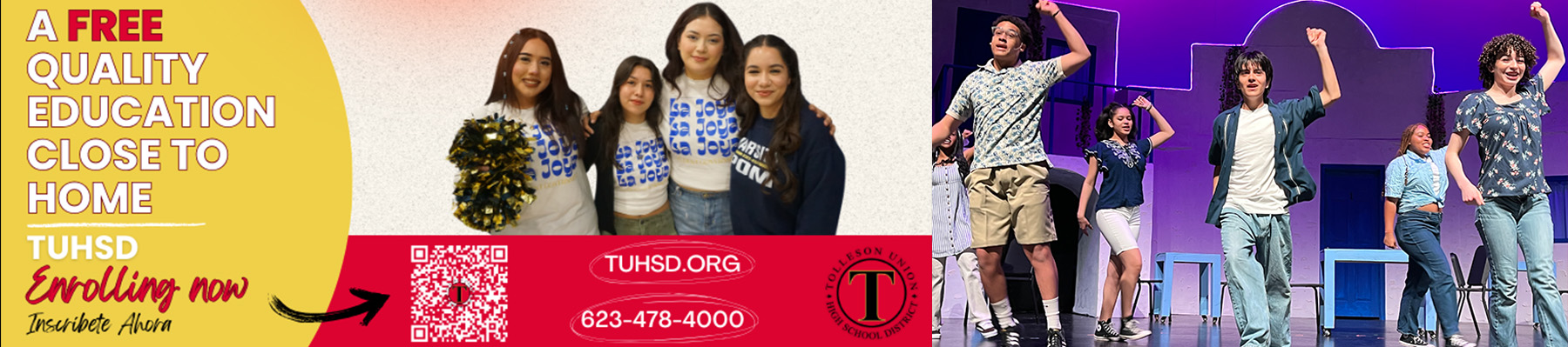 A free quality education close to home - TUHSD Enrolling now | Inscribete Ahora - tuhsd.org - 623-478-4000 | Group of students holding certificates