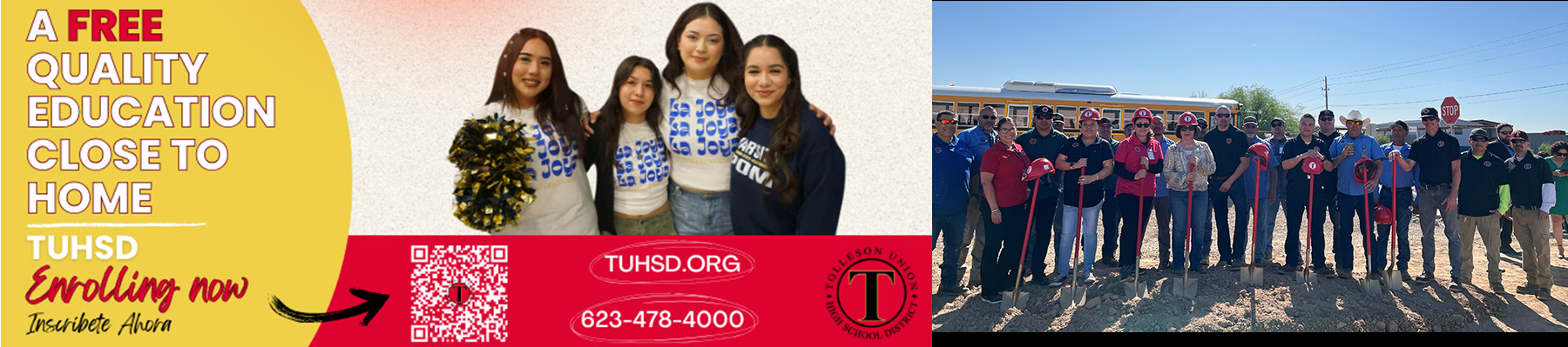A free quality education close to home - TUHSD Enrolling now | Inscribete Ahora - tuhsd.org - 623-478-4000| Group of TUHSD representatives outside with shovels