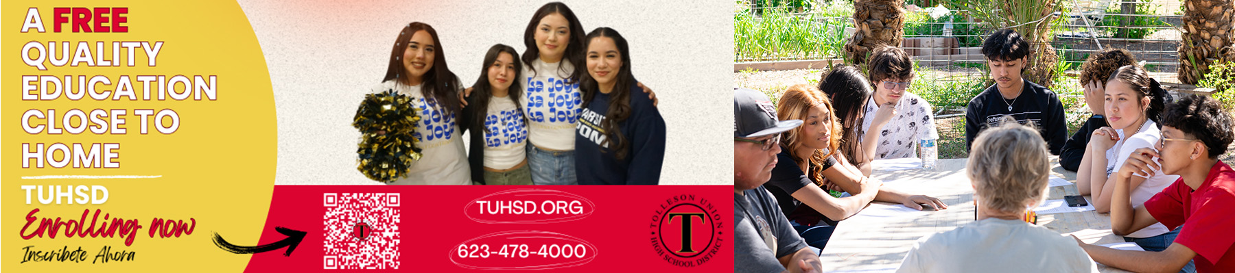 A free quality education close to home - TUHSD Enrolling now | Inscribete Ahora - tuhsd.org - 623-478-4000 | Group of students sitting around an outside table