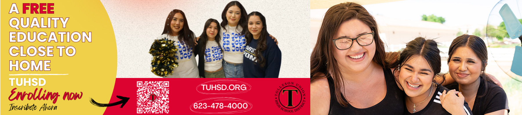 A free quality education close to home - TUHSD Enrolling now | Inscribete Ahora - tuhsd.org - 623-478-4000 | Three women smiling for the camera