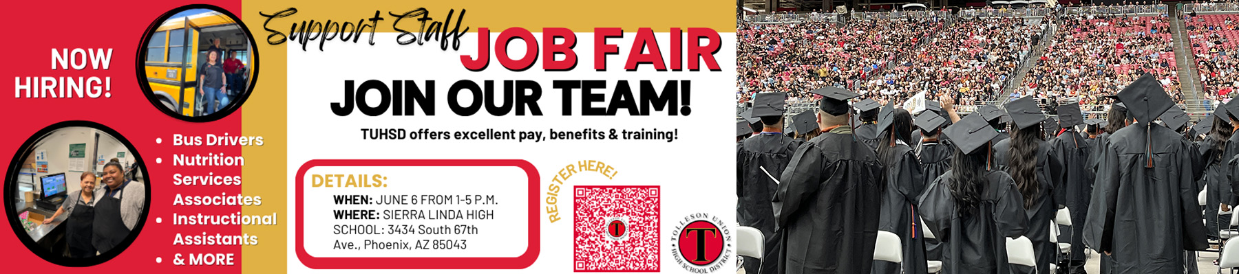 TUHSD Job Fair- we offer excellent pay, benefits, & training! Hiring bus drivers, nutrition services associates, instructional assistants & more. June 6 from 1-5 pm at Sierra Linda HS in Phoenix, AZ 85043 | group selfie