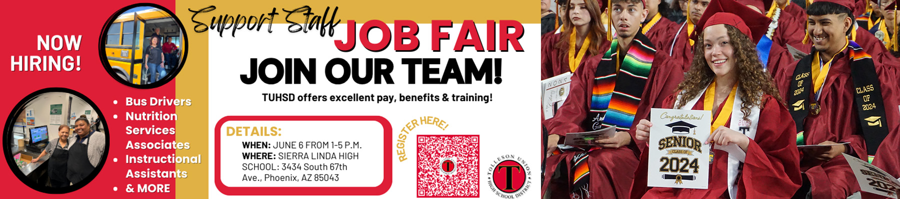 TUHSD Job Fair- we offer excellent pay, benefits, & training! Hiring bus drivers, nutrition services associates, instructional assistants & more. June 6 from 1-5 pm at Sierra Linda HS in Phoenix, AZ 85043 | Two student sitting in class