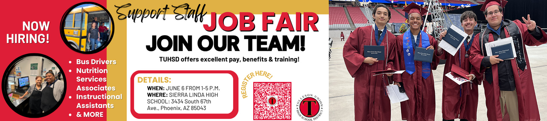 TUHSD Job Fair- we offer excellent pay, benefits, & training! Hiring bus drivers, nutrition services associates, instructional assistants & more. June 6 from 1-5 pm at Sierra Linda HS in Phoenix, AZ 85043 | Student standing on podium