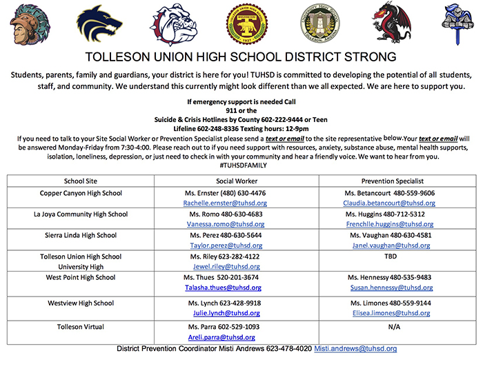 Tolleson Union High School District Strong Flyer with contact information