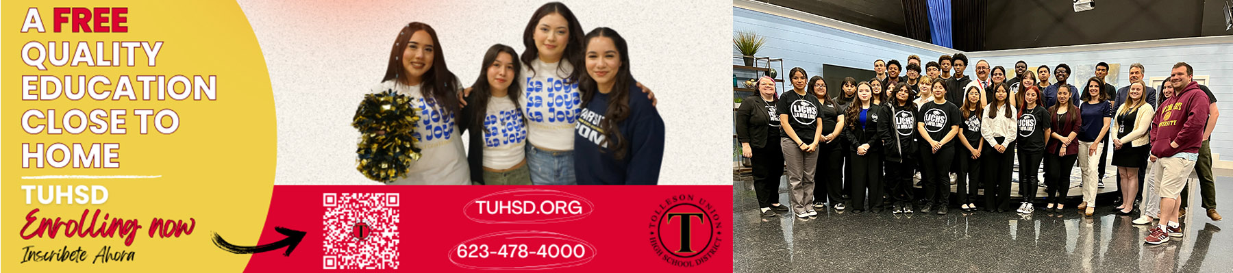 A free quality education close to home - TUHSD Enrolling now | Inscribete Ahora - tuhsd.org - 623-478-4000 | Group of students wearing black t-shirts
