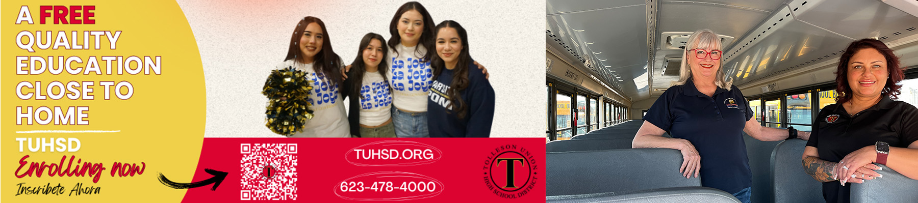 A free quality education close to home - TUHSD Enrolling now | Inscribete Ahora - tuhsd.org - 623-478-4000| Two happy ladies on a school bus