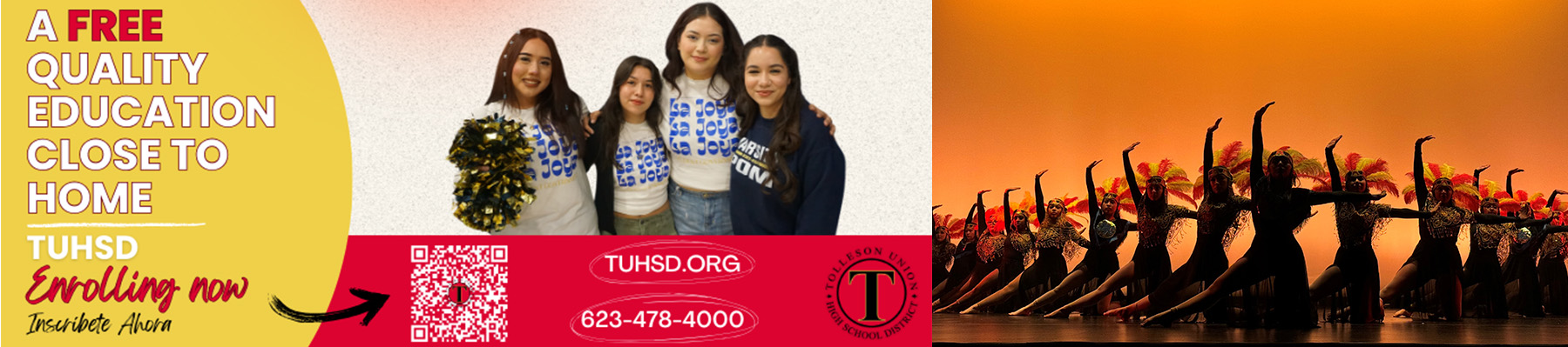 A free quality education close to home - TUHSD Enrolling now | Inscribete Ahora - tuhsd.org - 623-478-4000 | Student dancers on stage