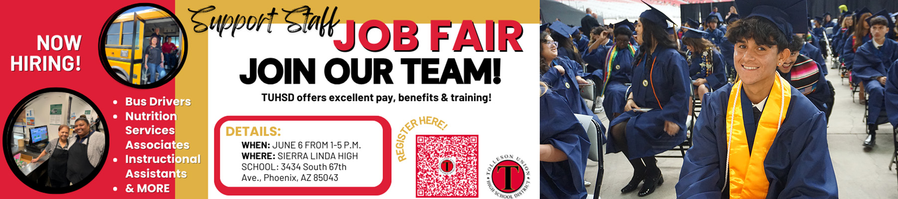 TUHSD Job Fair- we offer excellent pay, benefits, & training! Hiring bus drivers, nutrition services associates, instructional assistants & more. June 6 from 1-5 pm at Sierra Linda HS in Phoenix, AZ 85043 | Female bus drivers 